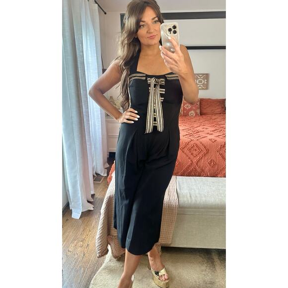Vintage Cache Size 8 Navy Sailor Jumpsuit Cropped Lace Up - Picture 1 of 7